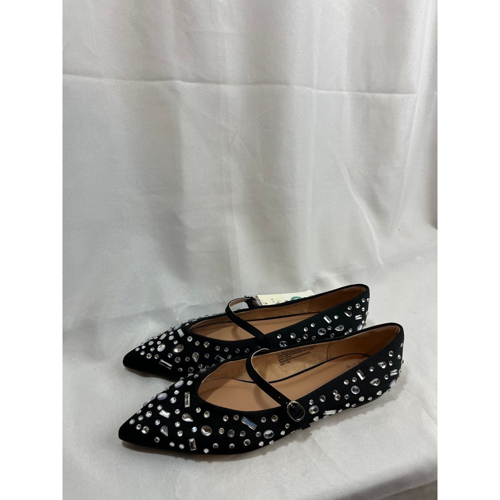 A New Day Womens Black Rhinestone Embellished Pointed Toe Mary Jane Flats 9.5